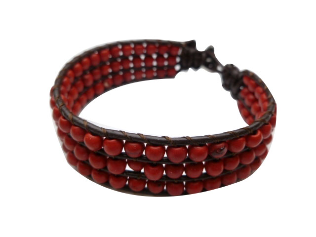 4mm Red Coral Beads w/ Leather Bracelet - Click Image to Close